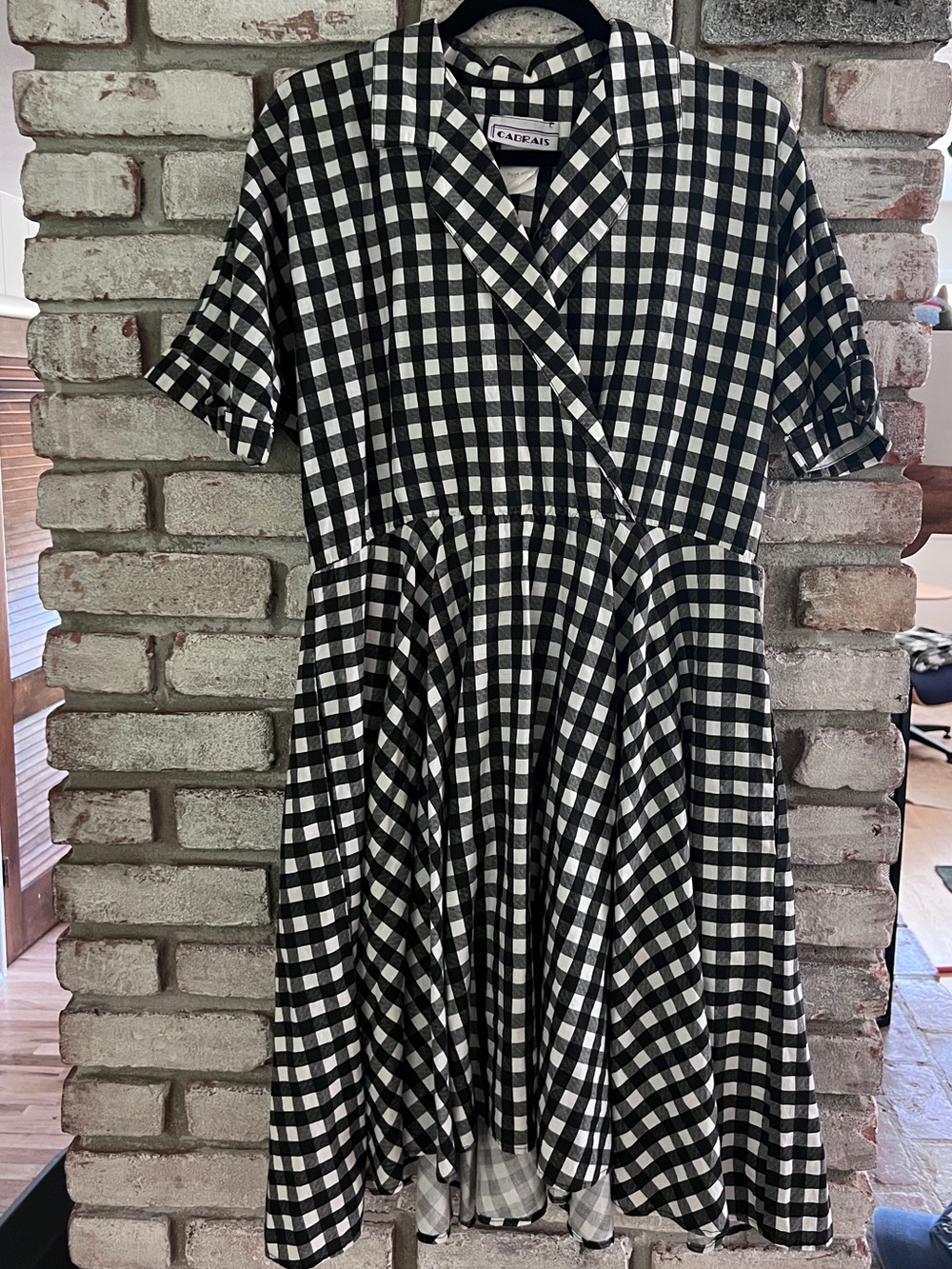 Vintage black and white gingham wrap style dress with pockets